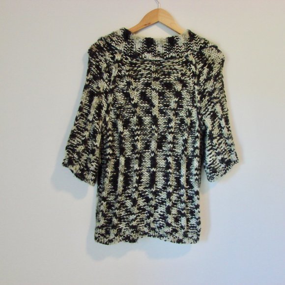 Chunky Knit Wool Cardigan Sweater 3/4 Sleeve Black Cream Gray Size Large - Picture 14 of 15